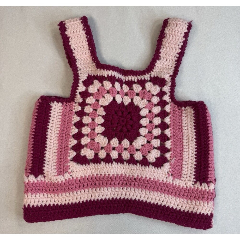 Handmade VINTAGE Crochet Granny Square Pullover Tank Top Vest Cottagecore PINK - Picture 4 of 6